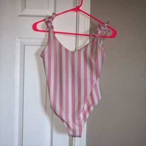 One piece striped swimsuit with open back